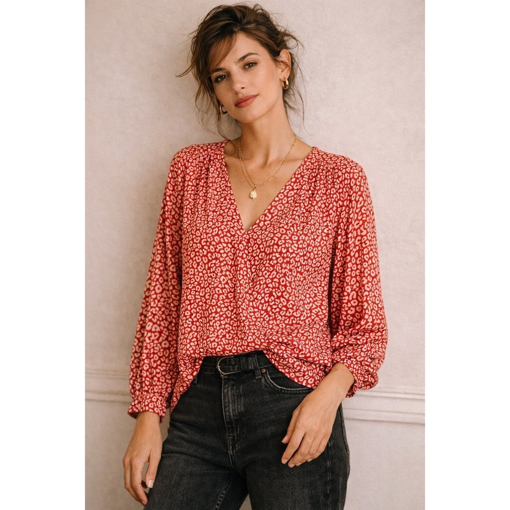 Madewell Wrap Top Red‎ Floral Side Buttons Blouse Red NB554